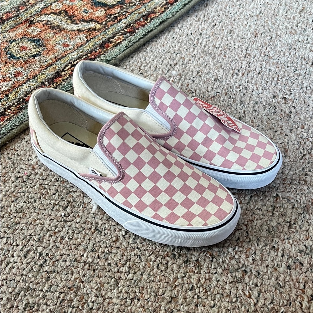 Vans Pink and White Checkered Slip-Ons